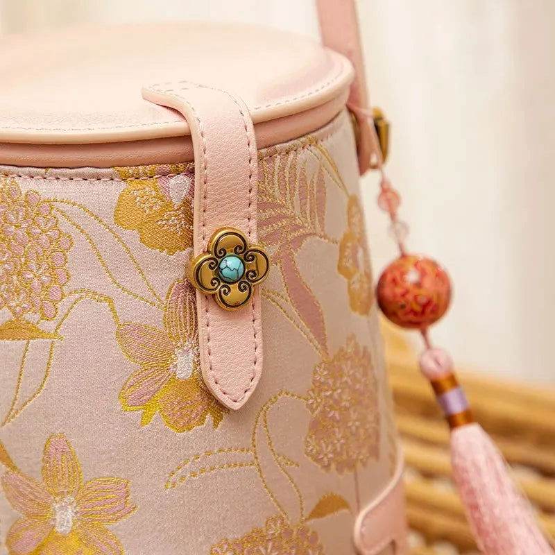 Song Brocade Fragrant Cloud Silk Powder Pink Bucket Bag - SinoCultural -- KM-0216-M3 - 