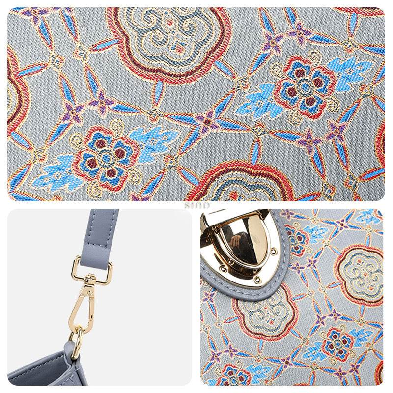 Song Brocade Leather Blue Shoulder Bag Ruyi Pattern - SinoCultural -- FJ270038-1 - 
