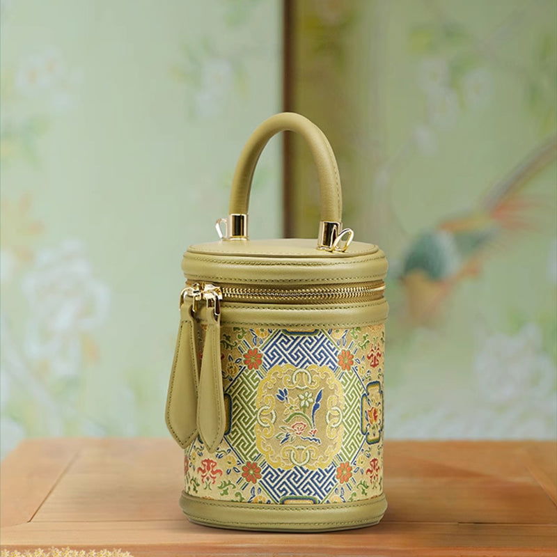 Song Brocade Leather Bucket Cylinder Bag - SinoCultural