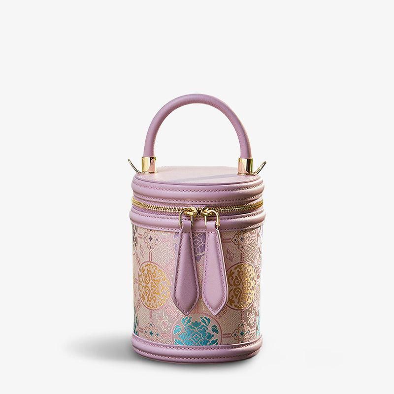 Song Brocade Leather Bucket Cylinder Bag - SinoCultural