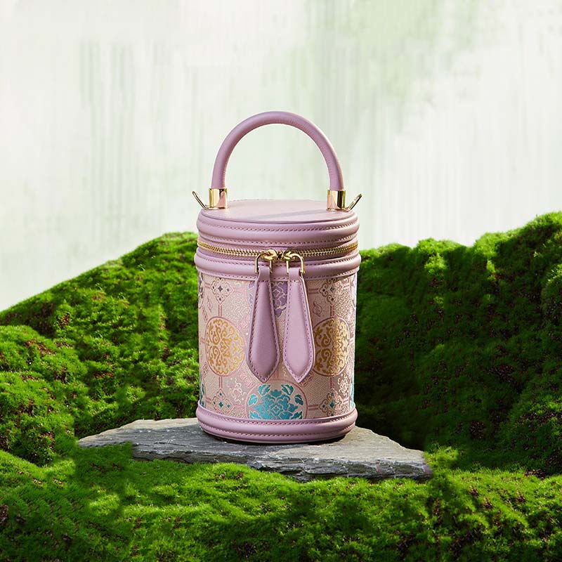 Song Brocade Leather Bucket Cylinder Bag - SinoCultural