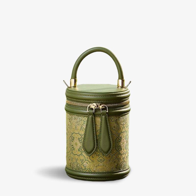 Song Brocade Leather Bucket Cylinder Bag - SinoCultural