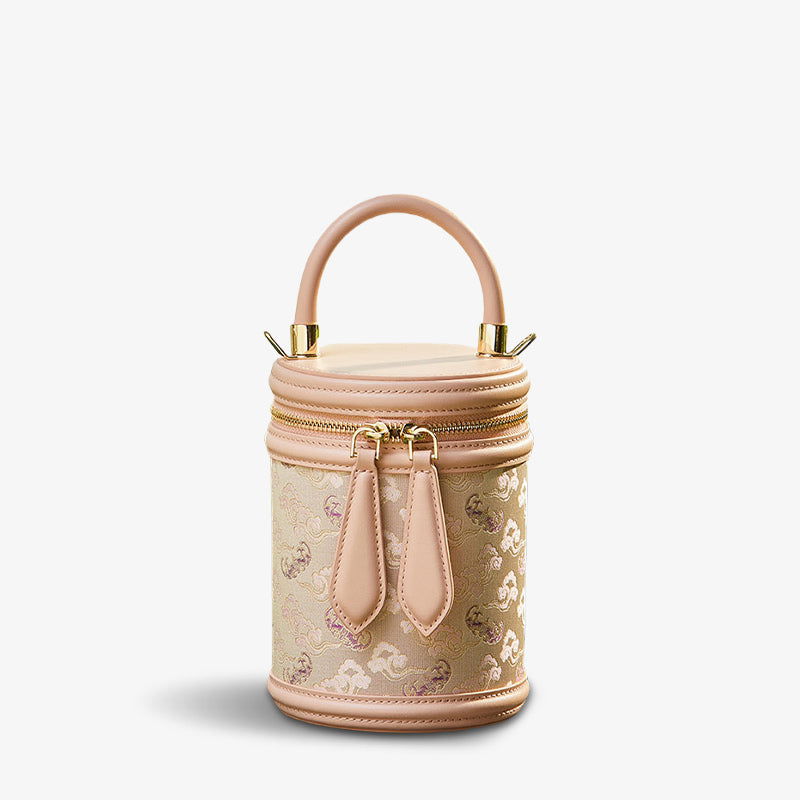 Song Brocade Leather Bucket Cylinder Bag - SinoCultural