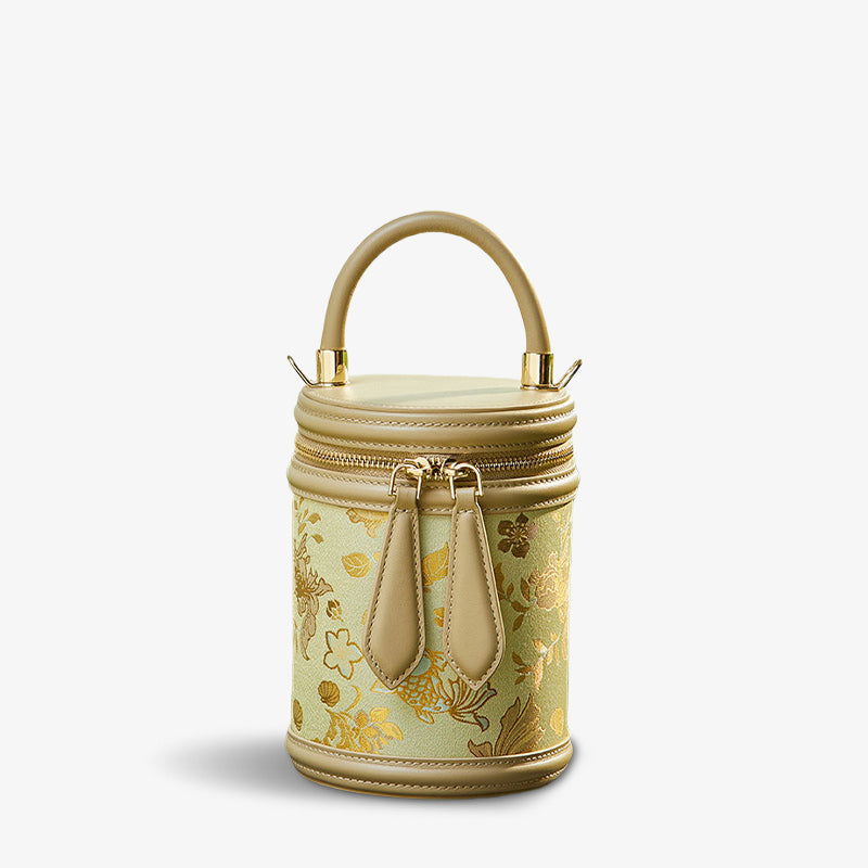 Song Brocade Leather Bucket Cylinder Bag - SinoCultural