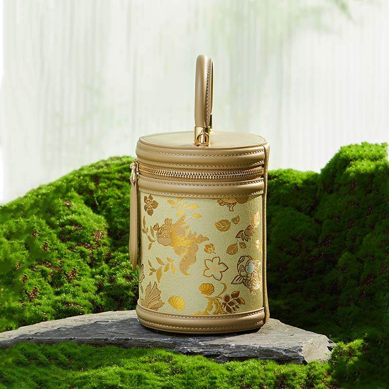 Song Brocade Leather Bucket Cylinder Bag - SinoCultural