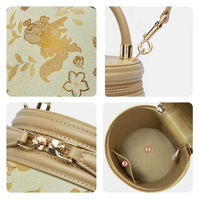 Song Brocade Leather Bucket Cylinder Bag - SinoCultural