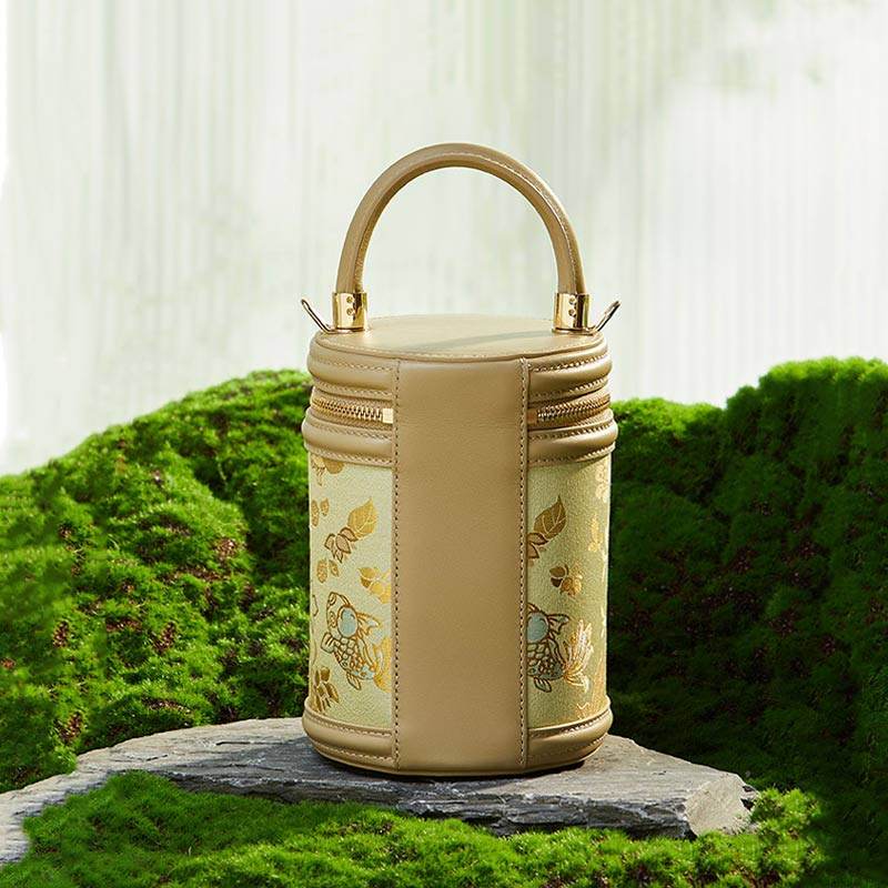 Song Brocade Leather Bucket Cylinder Bag - SinoCultural