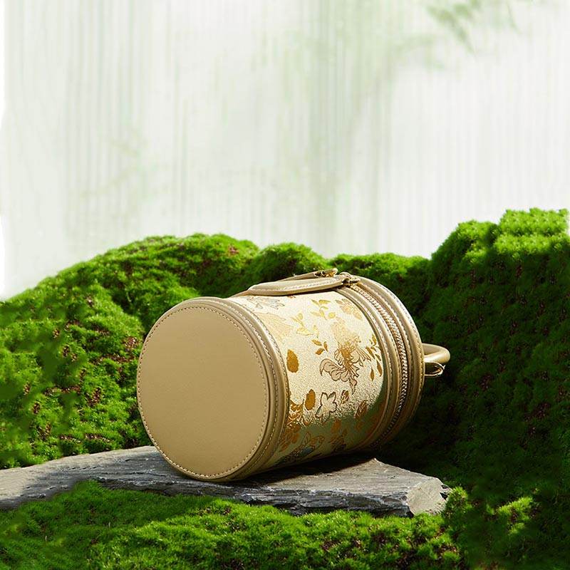 Song Brocade Leather Bucket Cylinder Bag - SinoCultural