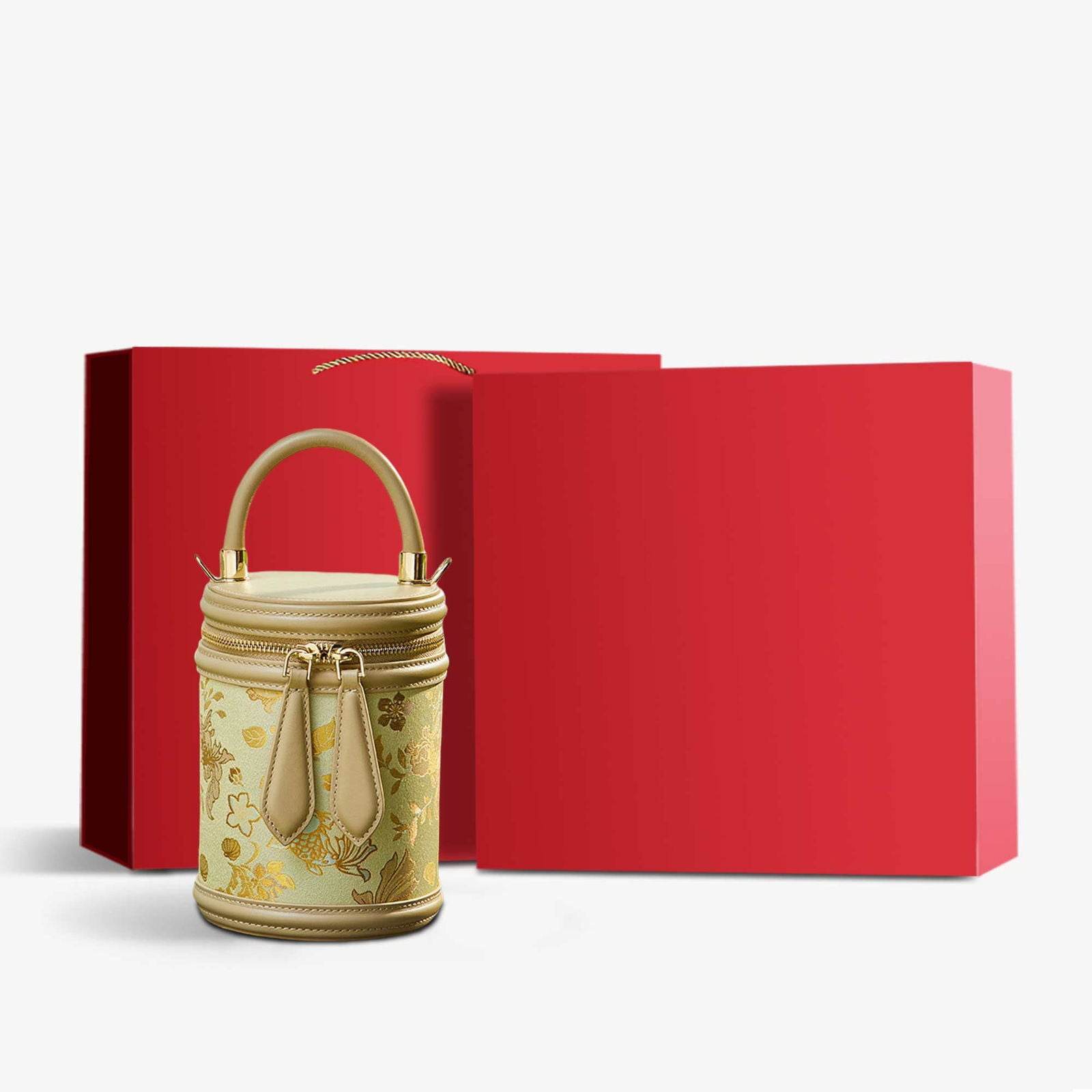 Song Brocade Leather Bucket Cylinder Bag - SinoCultural