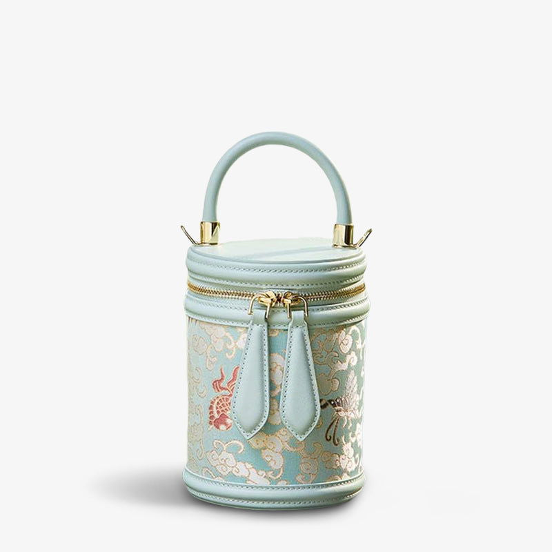 Song Brocade Leather Bucket Cylinder Bag - SinoCultural