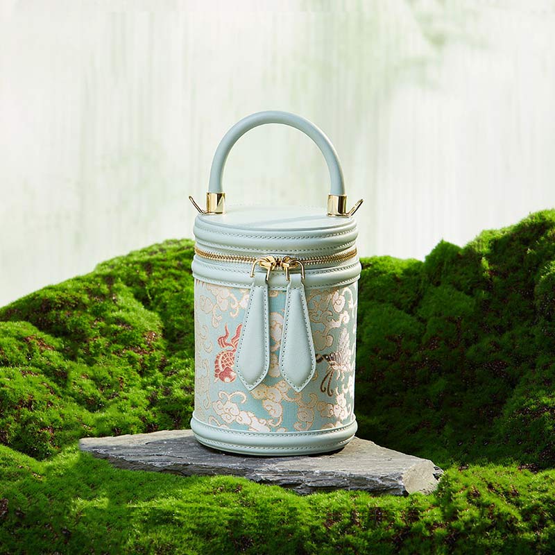 Song Brocade Leather Bucket Cylinder Bag - SinoCultural