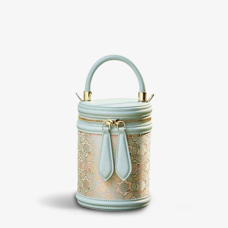 Song Brocade Leather Bucket Cylinder Bag - SinoCultural