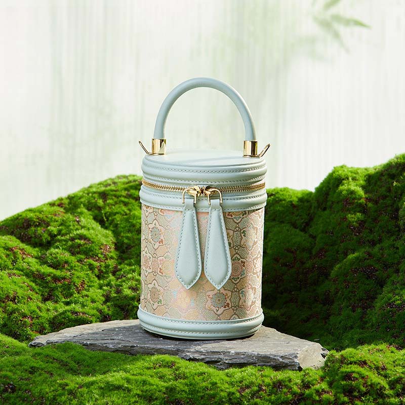 Song Brocade Leather Bucket Cylinder Bag - SinoCultural