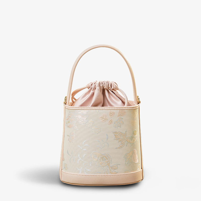 Song Brocade Leather Silk Bucket Bag - SinoCultural