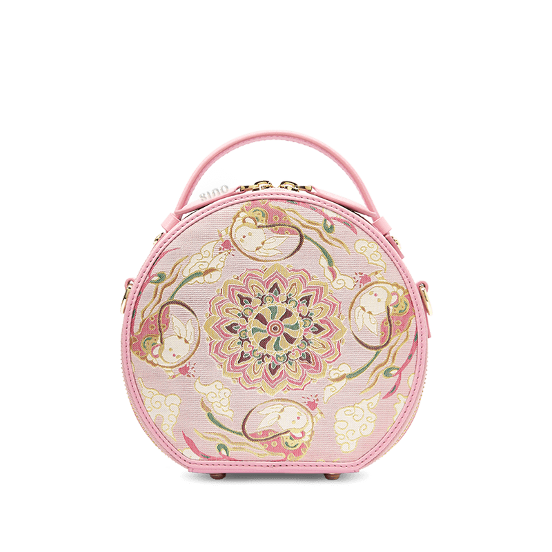 Song Brocade Powder Round Bag Lotus & Lucky Rabbit Pattern - SinoCultural -- P12065502LP-1 - 