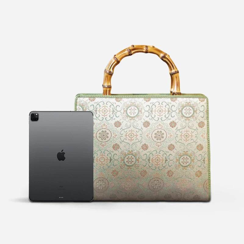 Song Brocade Retro Bamboo Handle Tote Bag Round Flower Handbag - SinoCultural