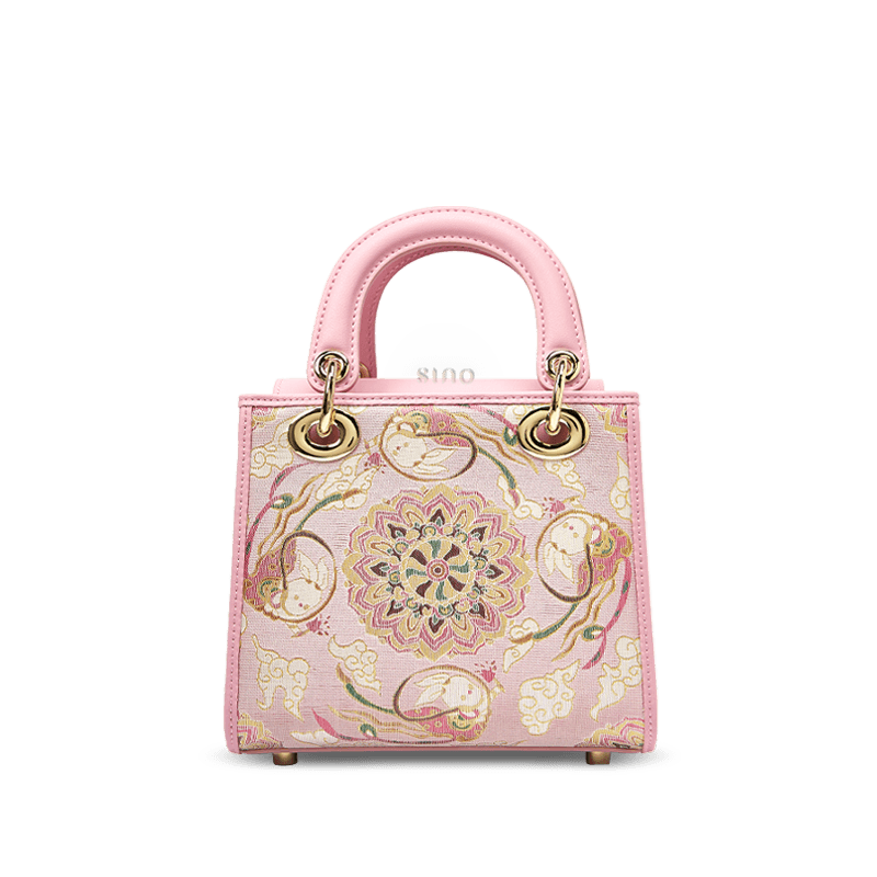 Song Brocade Powder Pink Crossbody Handbag Lotus & Lucky Rabbit Pattern - SinoCultural -- P12065302-1 - 
