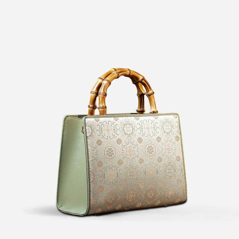 Song Brocade Retro Bamboo Handle Tote Bag Round Flower Handbag - SinoCultural