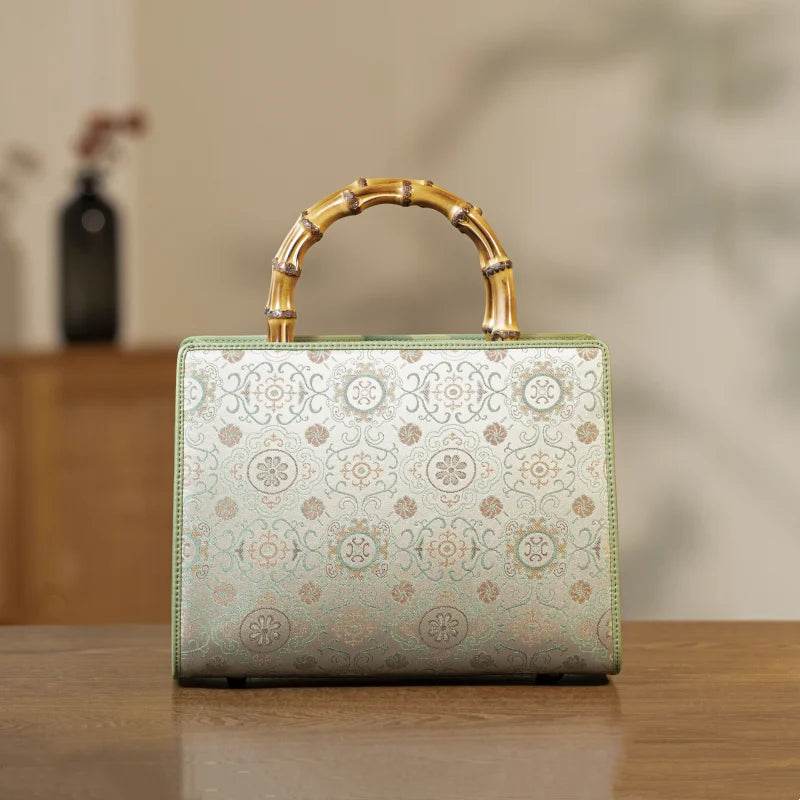 Song Brocade Retro Bamboo Handle Tote Bag Round Flower Handbag - SinoCultural