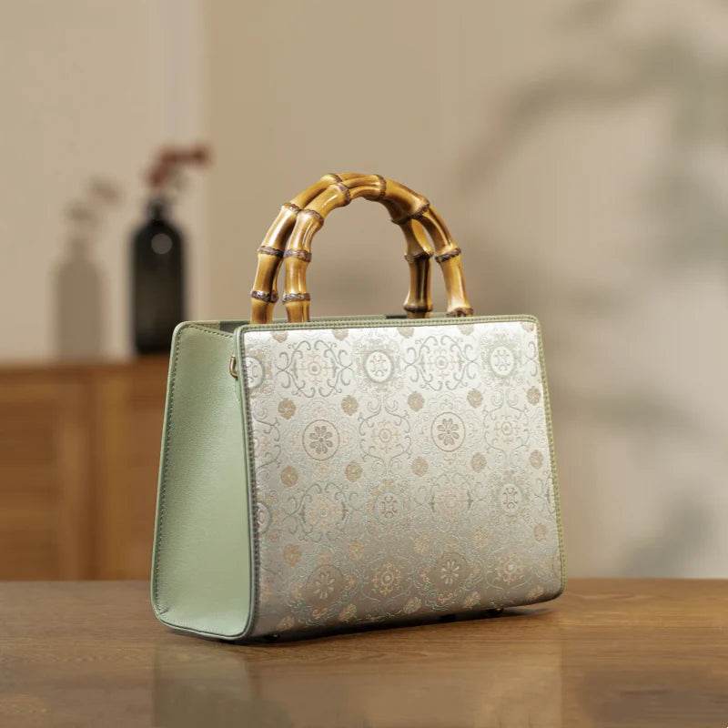 Song Brocade Retro Bamboo Handle Tote Bag Round Flower Handbag - SinoCultural