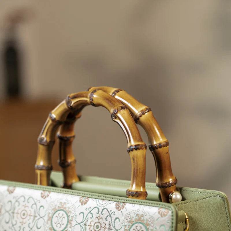 Song Brocade Retro Bamboo Handle Tote Bag Round Flower Handbag - SinoCultural