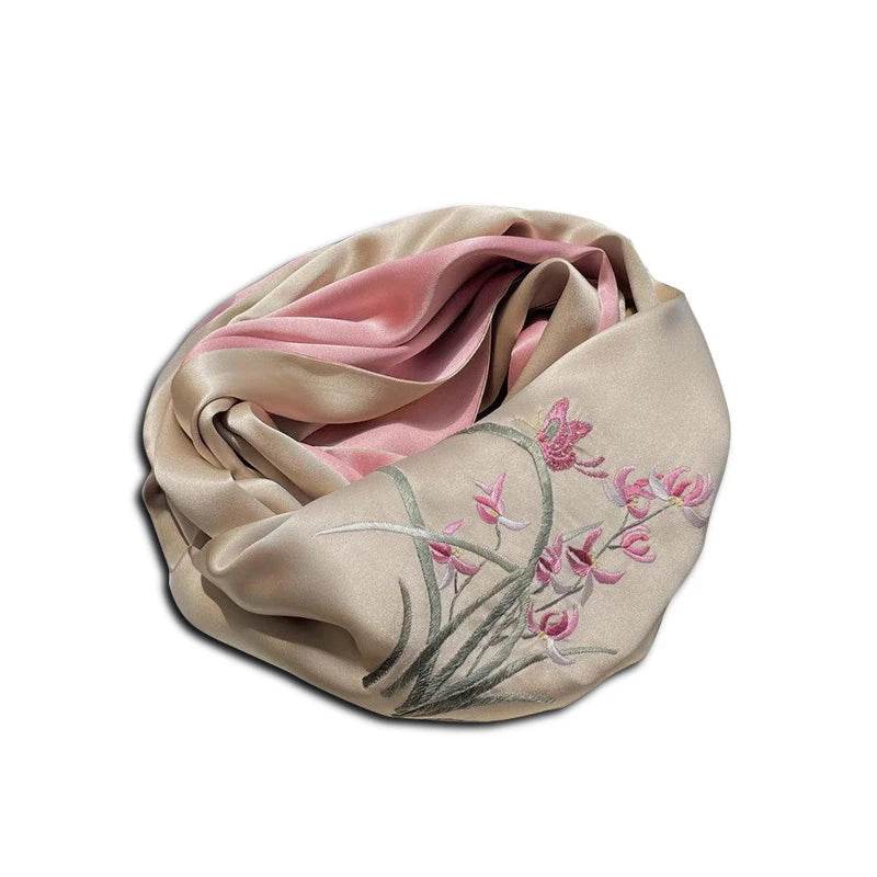 Hand Embroidered Suzhou 16 Momme Silk Scarf Luxury 155x35cm - SinoCultural