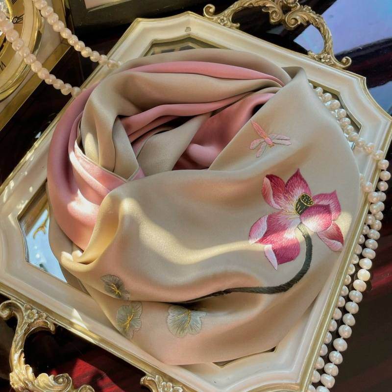 Handmade Su Embroidery 16 Momme Silk Scarf Lotus 155x35cm - SinoCultural
