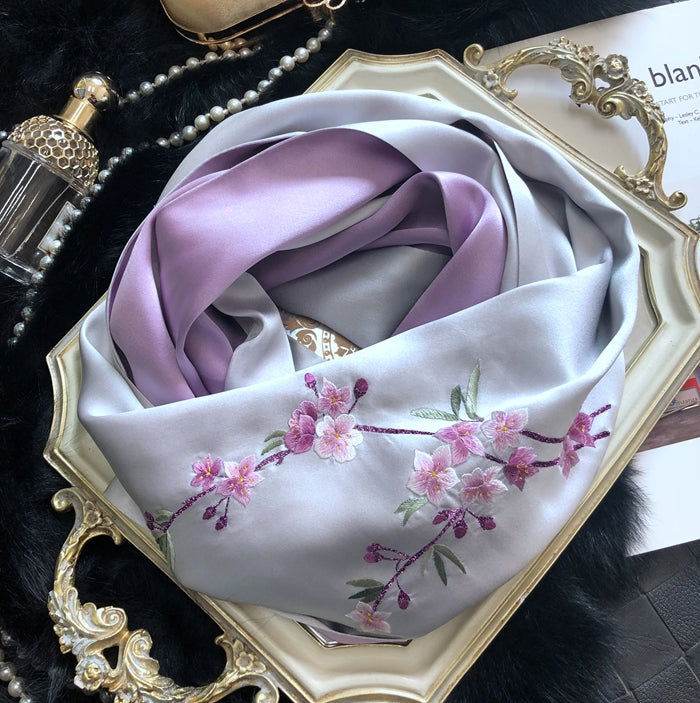 Handmade Su Embroidery 16 Momme Silk Scarf Orchid 155x35cm - SinoCultural