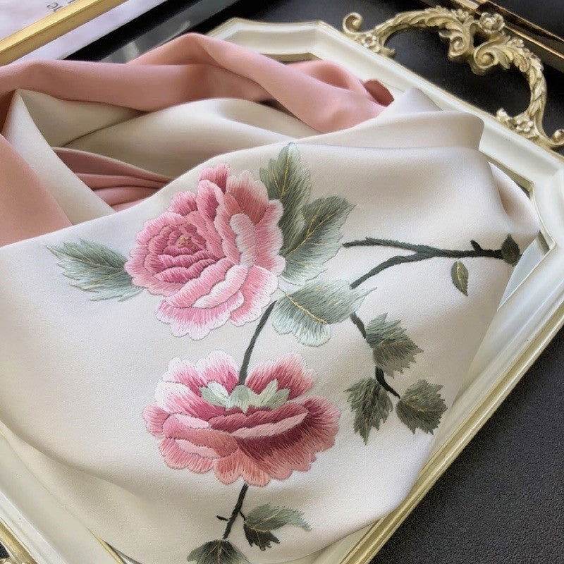 Handmade Su Embroidery 16 Momme Silk Scarf Peony 155x35cm - SinoCultural