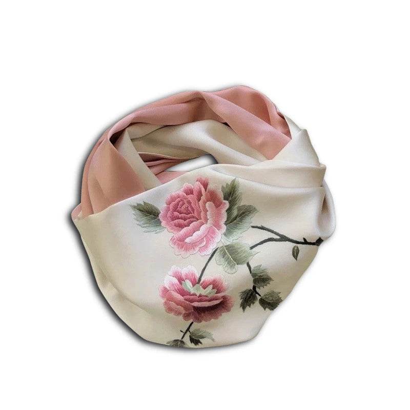 Handmade Su Embroidery 16 Momme Silk Scarf Peony 155x35cm - SinoCultural