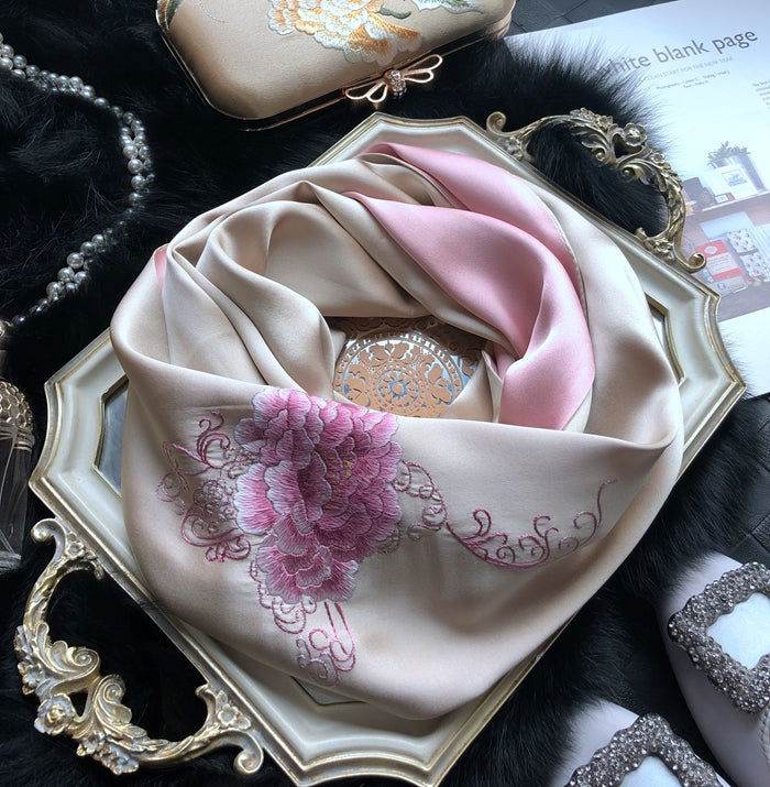 Handmade Su Embroidery 16 Momme Silk Scarf Peony 155x35cm - SinoCultural