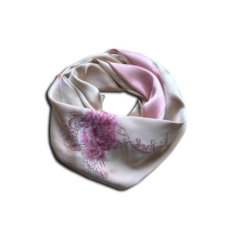 Handmade Su Embroidery 16 Momme Silk Scarf Peony 155x35cm - SinoCultural