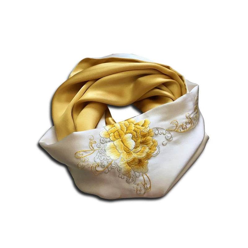 Handmade Su Embroidery 16 Momme Silk Scarf Peony 155x35cm - SinoCultural
