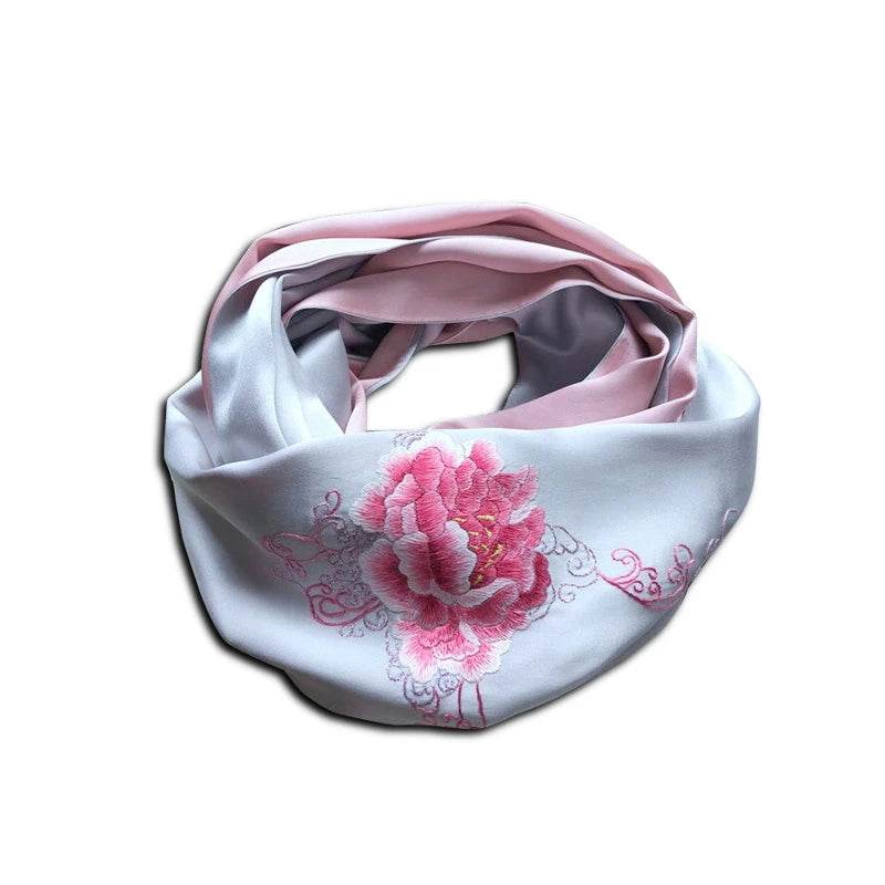 Handmade Su Embroidery 16 Momme Silk Scarf Peony 155x35cm - SinoCultural