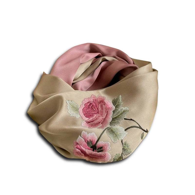 Handmade Su Embroidery 16 Momme Silk Scarf Peony 155x35cm - SinoCultural