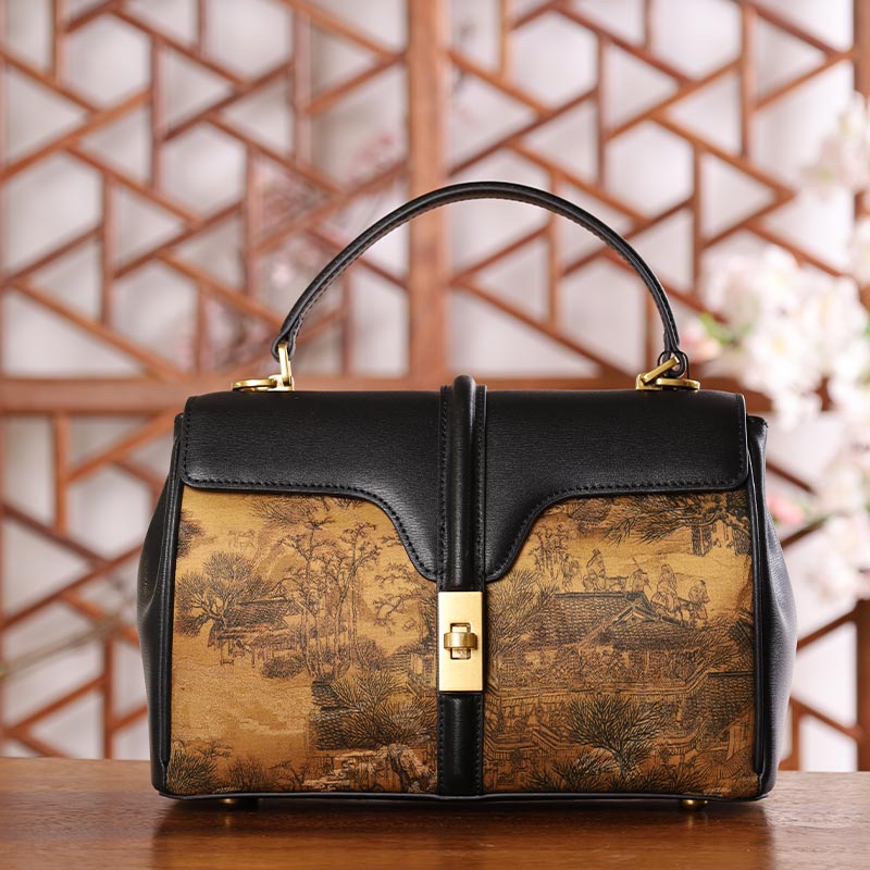 Handmade Fragrant Cloud Silk Black Leather Handbag Chinese Painting