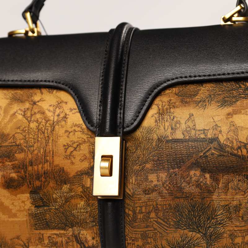 Handmade Fragrant Cloud Silk Black Leather Handbag Chinese Painting