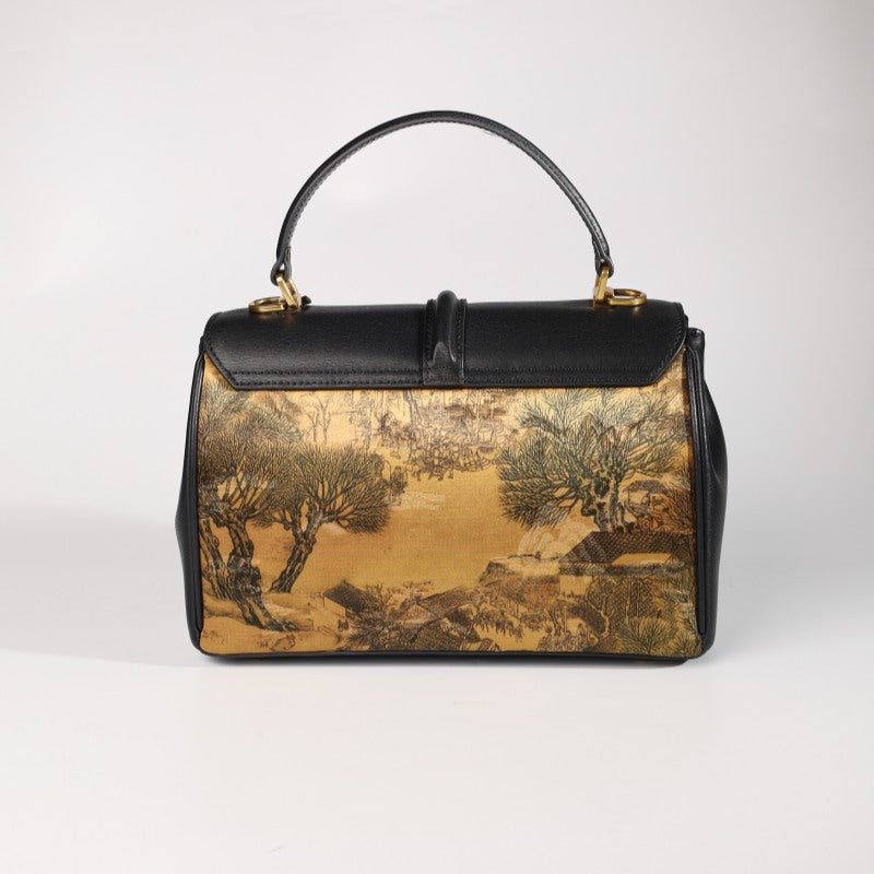 Handmade Fragrant Cloud Silk Black Leather Handbag Chinese Painting