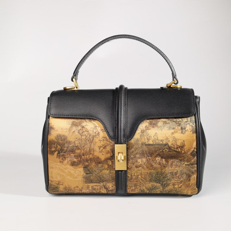 Handmade Fragrant Cloud Silk Black Leather Handbag Chinese Painting