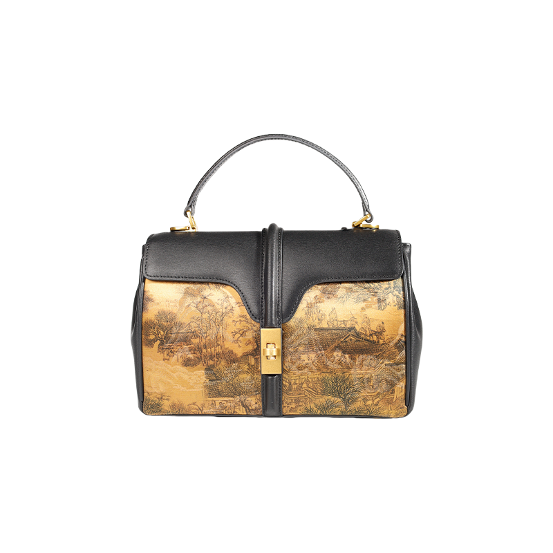 Xiangyunsha Silk Black Boston Leather Handbag Chinese Painting - SinoCultural