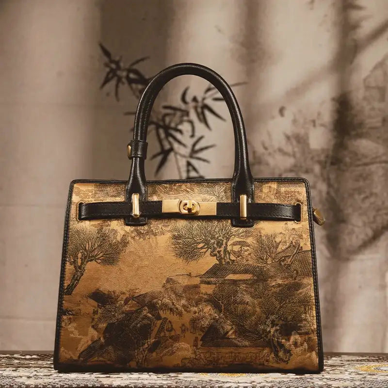 Handmade Fragrant Cloud Silk Black Leather Kelly Bag Chinese Painting