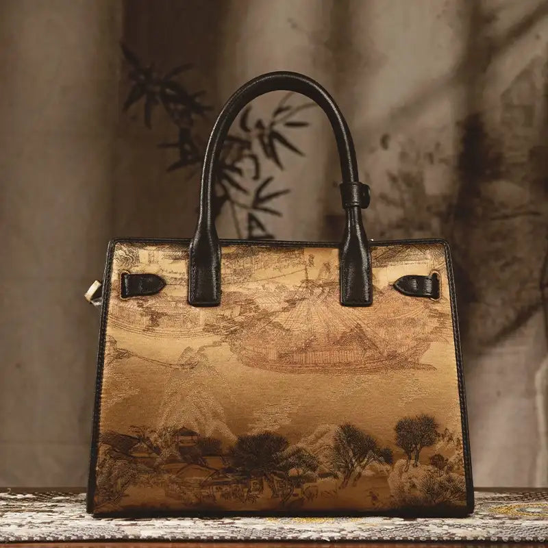 Handmade Fragrant Cloud Silk Black Leather Kelly Bag Chinese Painting