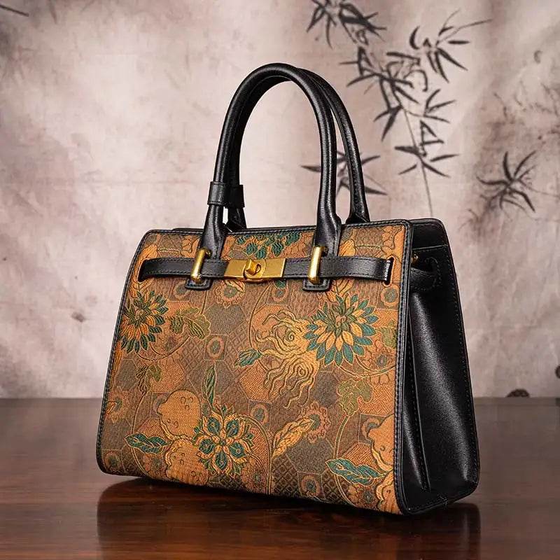 Handmade Song Brocade Chinoiserie Vintage Brown Kelly Bag - SinoCultural