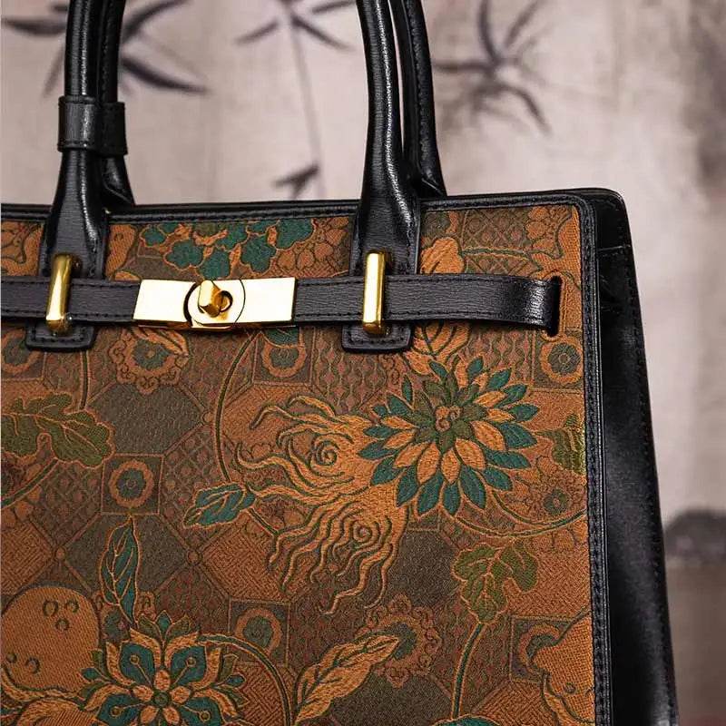 Handmade Song Brocade Chinoiserie Vintage Brown Kelly Bag - SinoCultural