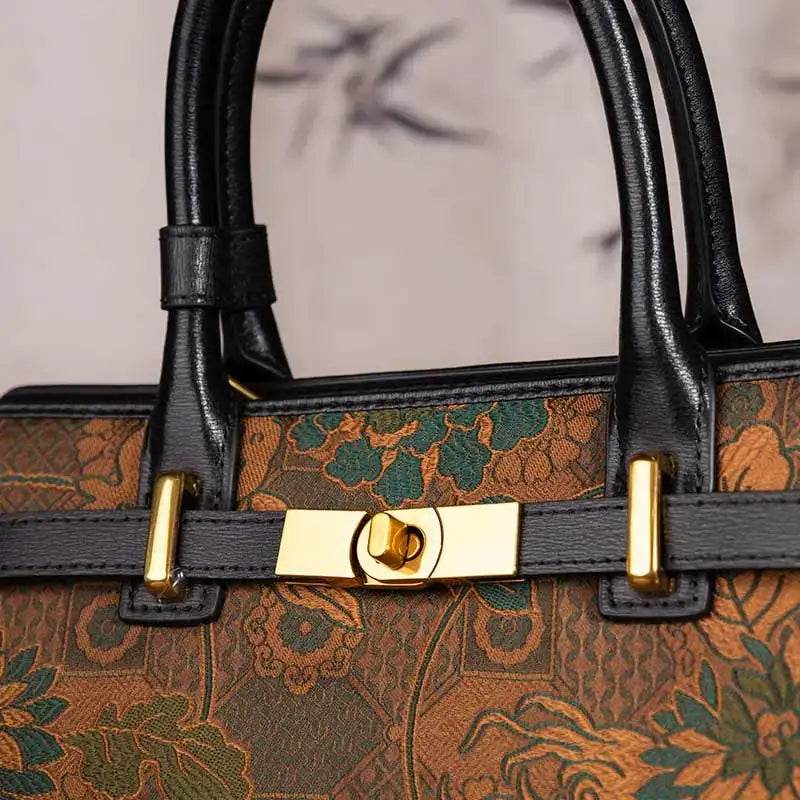 Handmade Song Brocade Chinoiserie Vintage Brown Kelly Bag - SinoCultural