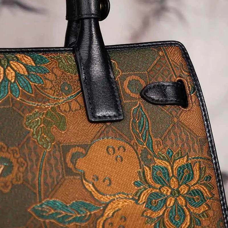 Handmade Song Brocade Chinoiserie Vintage Brown Kelly Bag - SinoCultural