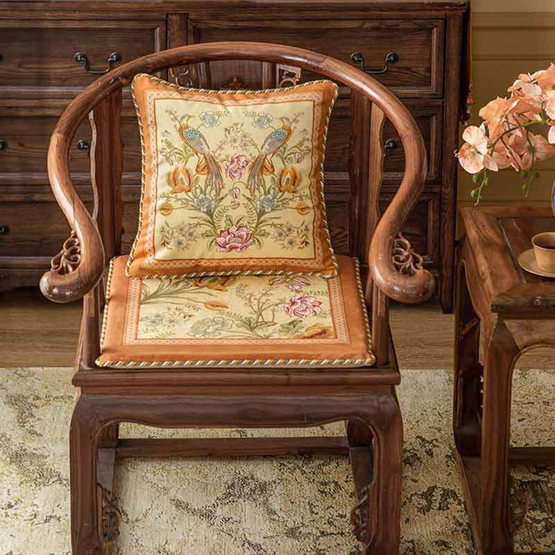 Chinoiserie Orange Spring Floral Bird Pattern Short Plush Chair Cushion - SinoCultural -- SC032A38 - 