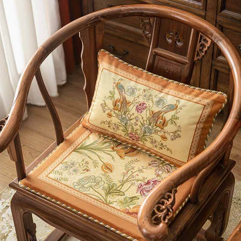 Chinoiserie Orange Spring Floral Bird Pattern Short Plush Chair Cushion - SinoCultural -- SC032A38 - 