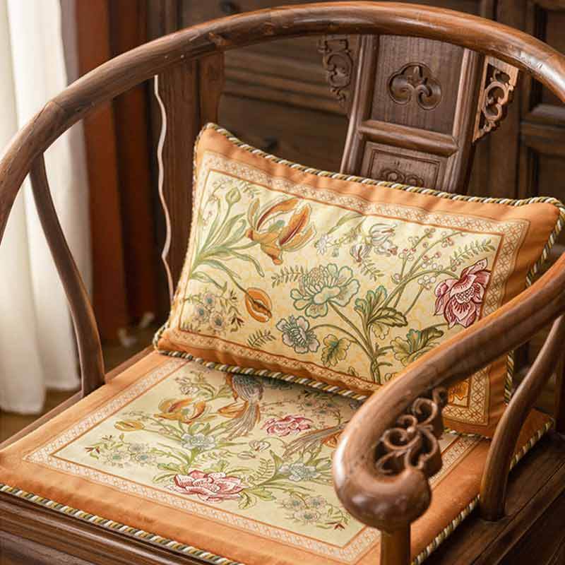 Chinoiserie Orange Spring Floral Bird Pattern Short Plush Chair Cushion - SinoCultural -- SC032A38 - 
