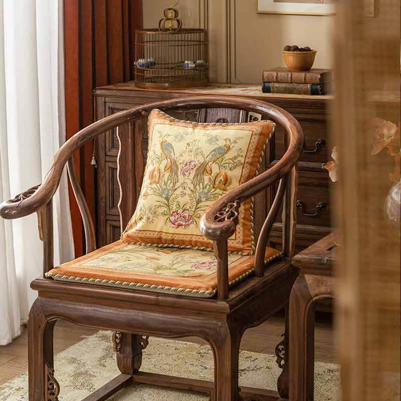 Chinoiserie Orange Spring Floral Bird Pattern Short Plush Chair Cushion - SinoCultural -- SC032A38 - 